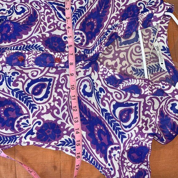 Zara Purple & White Paisley Button-Up Blouse With Beaded Cuffs M Medium - Picture 7 of 9